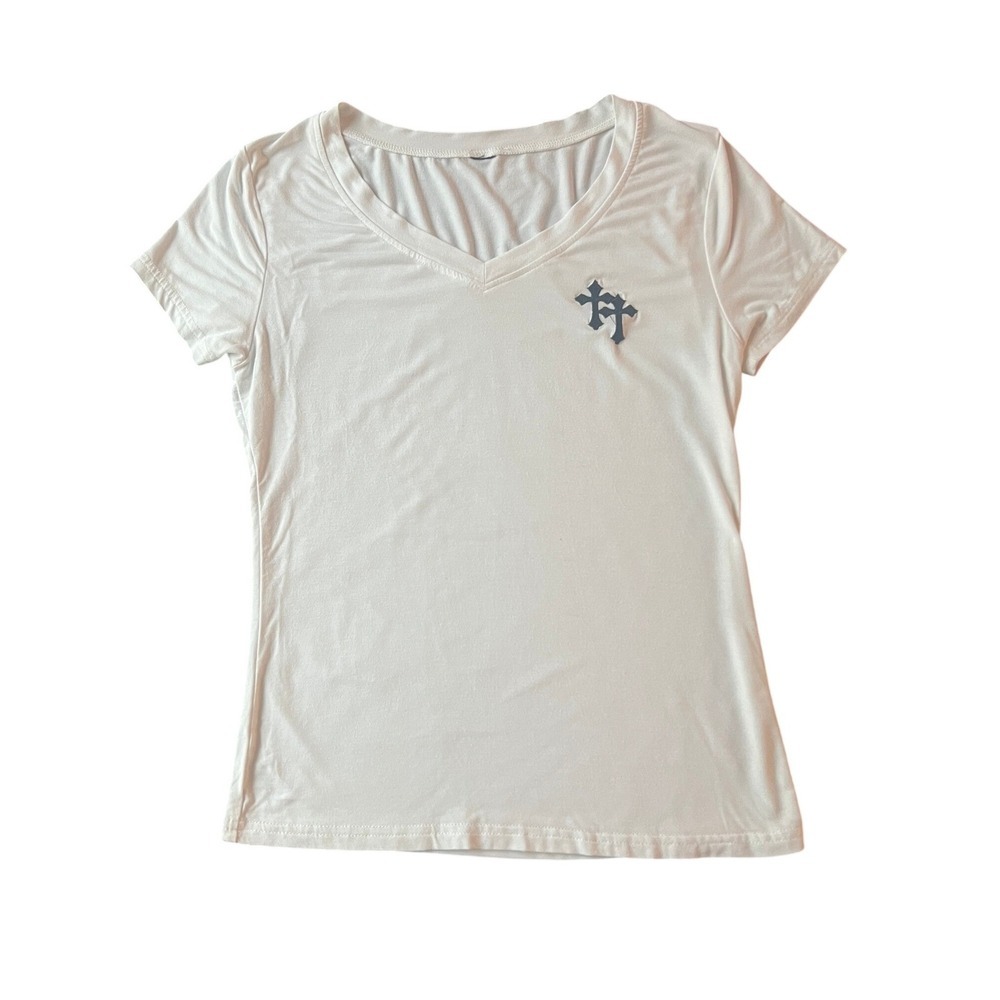 White V-Neck Short Sleeve T-Shirt Gothic Double Cross Embroidery Slim Fit (0984)